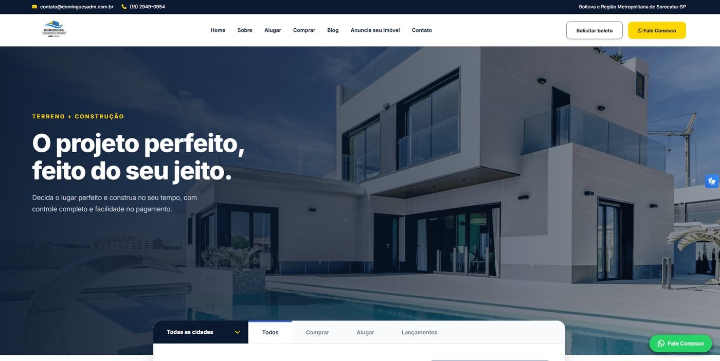 Página inicial do site da Domingues Imobiliários